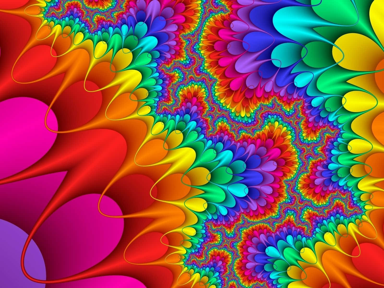 colors 桌布 壁紙 — 充滿活力的碎形圖案在迷幻彩虹色調中旋轉，帶有發光的有機形狀和複雜的重複細節。