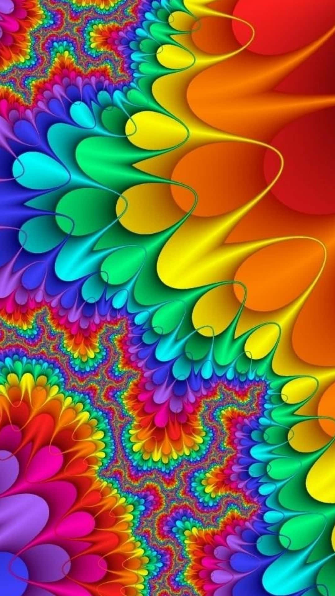 Colorful iPhone 桌布 壁紙 — 充滿活力的碎形圖案在迷幻色彩的彩虹爆炸中旋轉，帶有流暢的有機形狀。