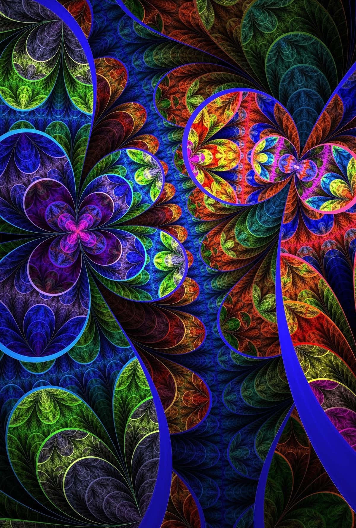 桌布 壁紙 — 充滿活力的碎形圖案在電光藍、綠色和火紅色中旋轉，創造出迷人的數位藝術作品。