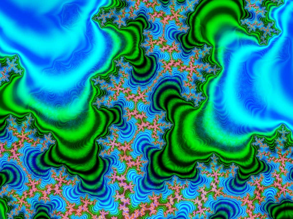 Trippy Blue 桌布 壁紙 — 充滿活力的碎形圖案在電光藍和霓虹綠中旋轉，並帶有粉紅色星爆，創造出迷幻的數位藝術作品。