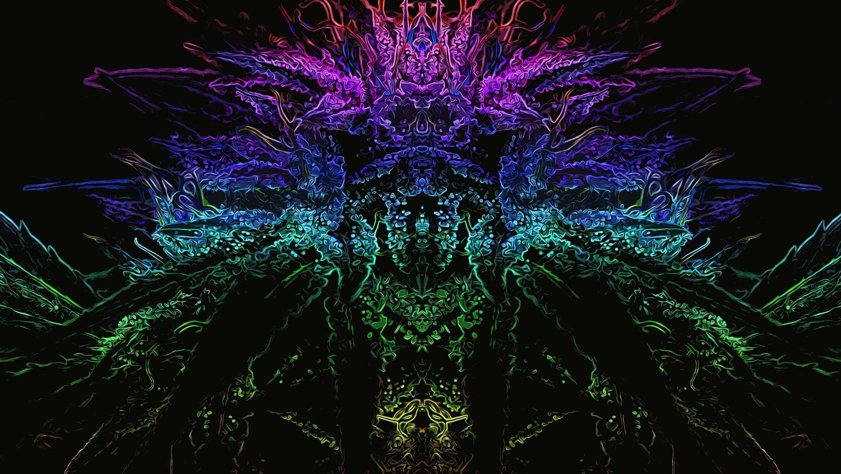 大麻 桌布 壁紙 — 充滿活力的碎形圖案在黑色虛空中以霓虹紫、藍和綠色爆炸，形成對稱的宇宙曼陀羅。