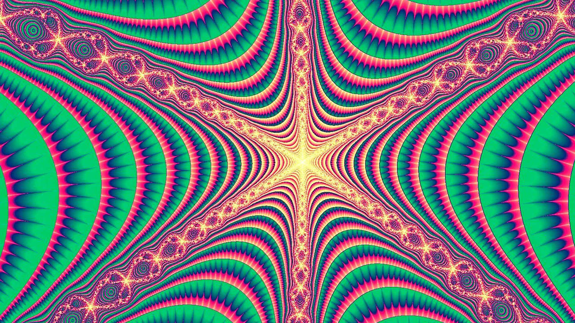 Psychedelic Fractals 桌布 壁紙 — 充滿活力的碎形圖案從發光的中心以電光綠和洋紅色波紋輻射出來。