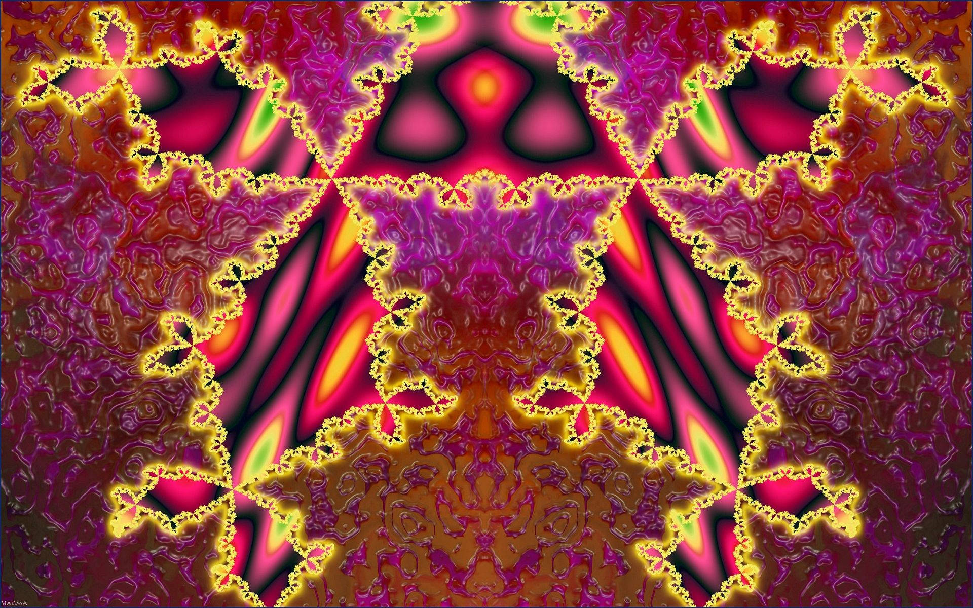 紅色動圖 桌布 壁紙 — 充滿活力的碎形圖案從發光的中心向外輻射，呈現迷幻的洋紅色、黃色和橙色色調。