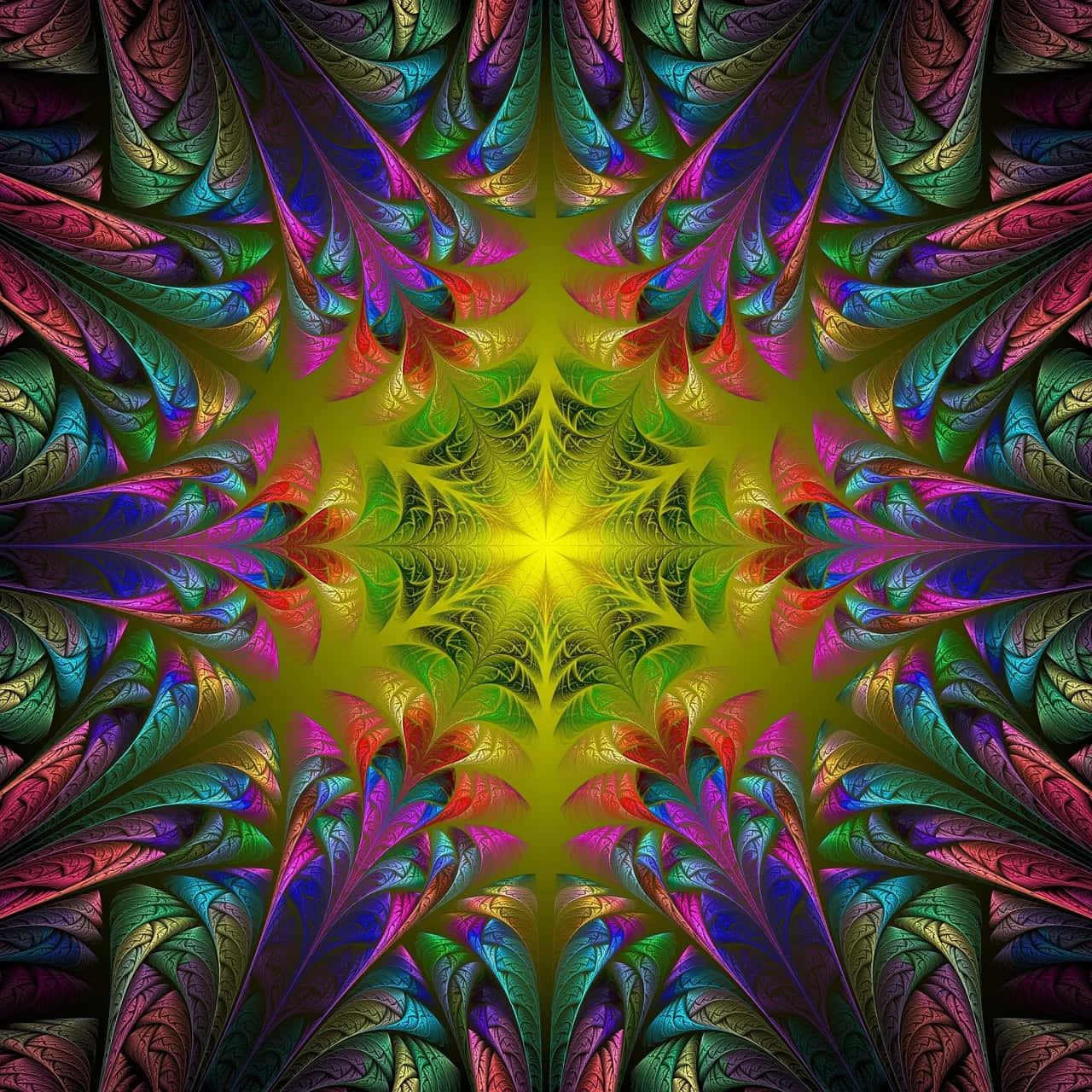 Psychedelic Fractals 桌布 壁紙 — 充滿活力的碎形圖案從發光的黃色中心輻射出來，形成萬花筒般的霓虹色彩爆炸。