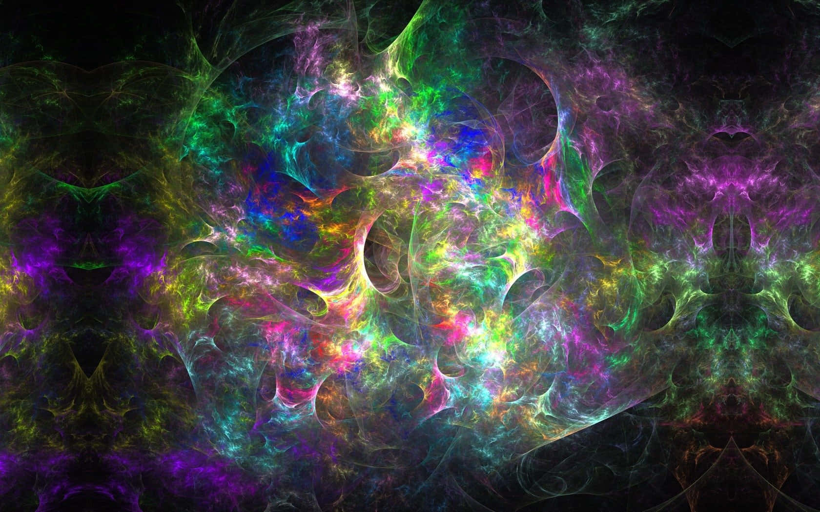 Galaxy Rainbow 桌布 壁紙 — 充滿活力的碎形星雲，在黑暗的宇宙虛空中旋轉著霓虹綠、紫和粉紅色。