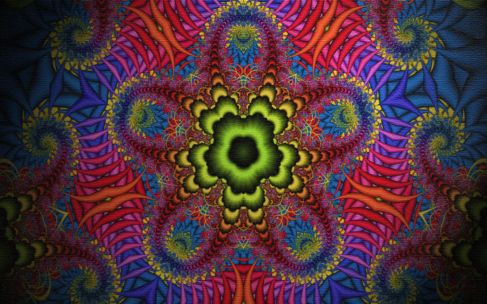 Fine Arts 桌布 壁紙 — 充滿活力的碎形曼陀羅從發光的綠色中心輻射出來，帶有紅色、藍色和黃色的對稱花瓣。