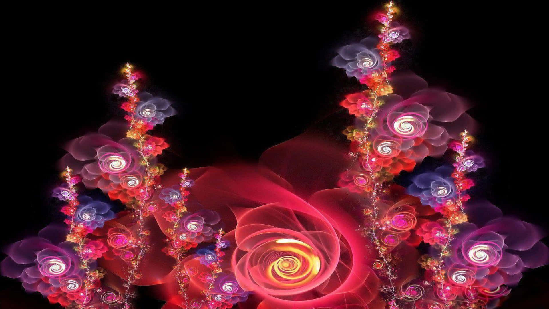 花 桌布 壁紙 — 充滿活力的碎形玫瑰在漆黑的背景下閃耀著旋轉的紅色、紫色和金色。