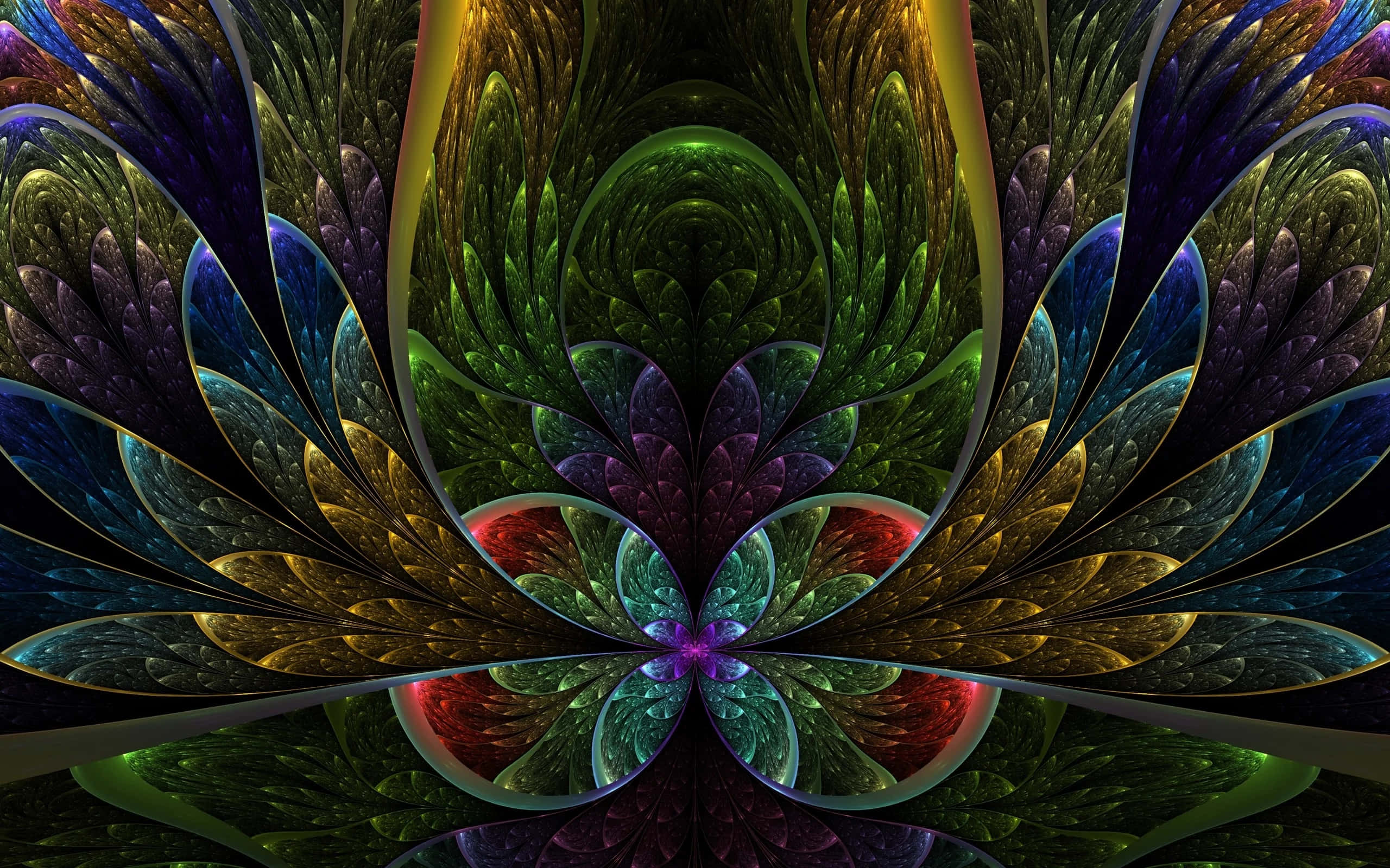 Psychedelic Fractals 桌布 壁紙 — 充滿活力的碎形翅膀以綠色、金色、藍色和紫色的色調對稱向外輻射。