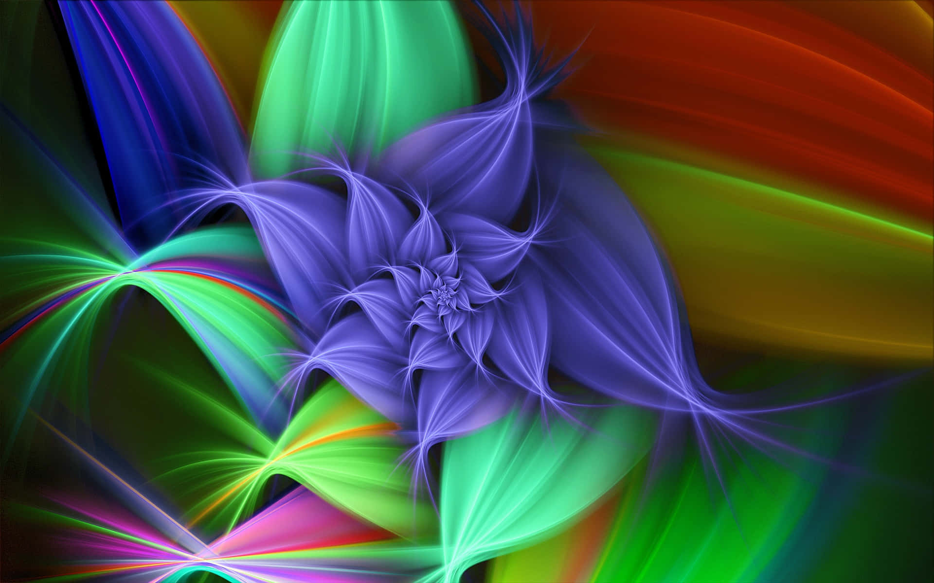 3d Abstract 桌布 壁紙 — 充滿活力的碎形花朵，帶有旋轉的紫色花瓣，在彩虹漸層背景上綻放光芒。