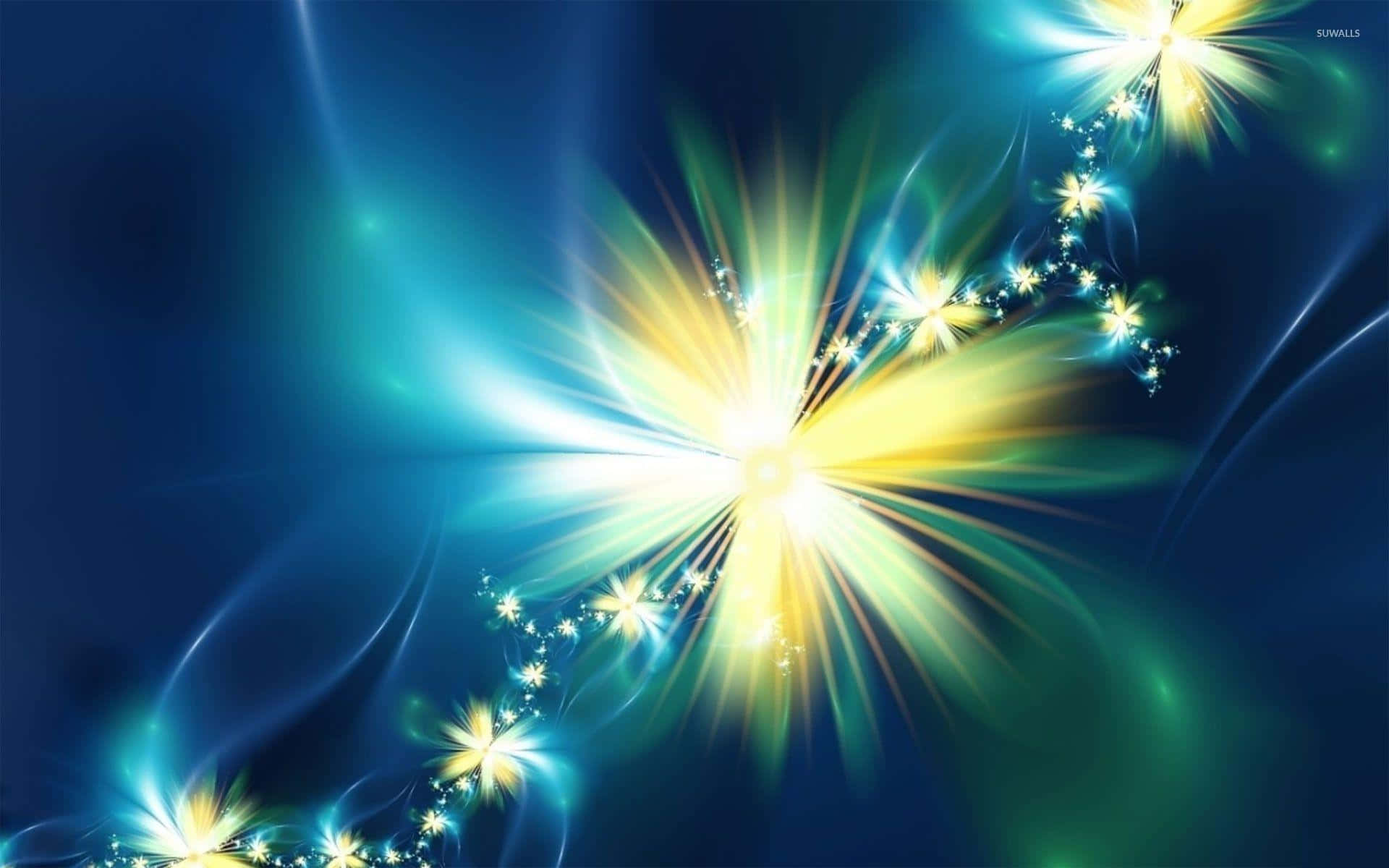 Glowing 桌布 壁紙 — 充滿活力的碎形花朵在深藍色宇宙背景下綻放出金色光芒。