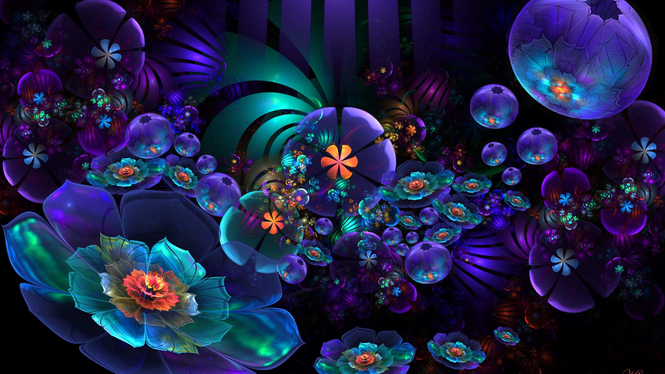 Psychedelic Fractals 桌布 壁紙 — 充滿活力的碎形花朵在黑暗的宇宙背景下發出電光藍、紫和橙色的光芒。