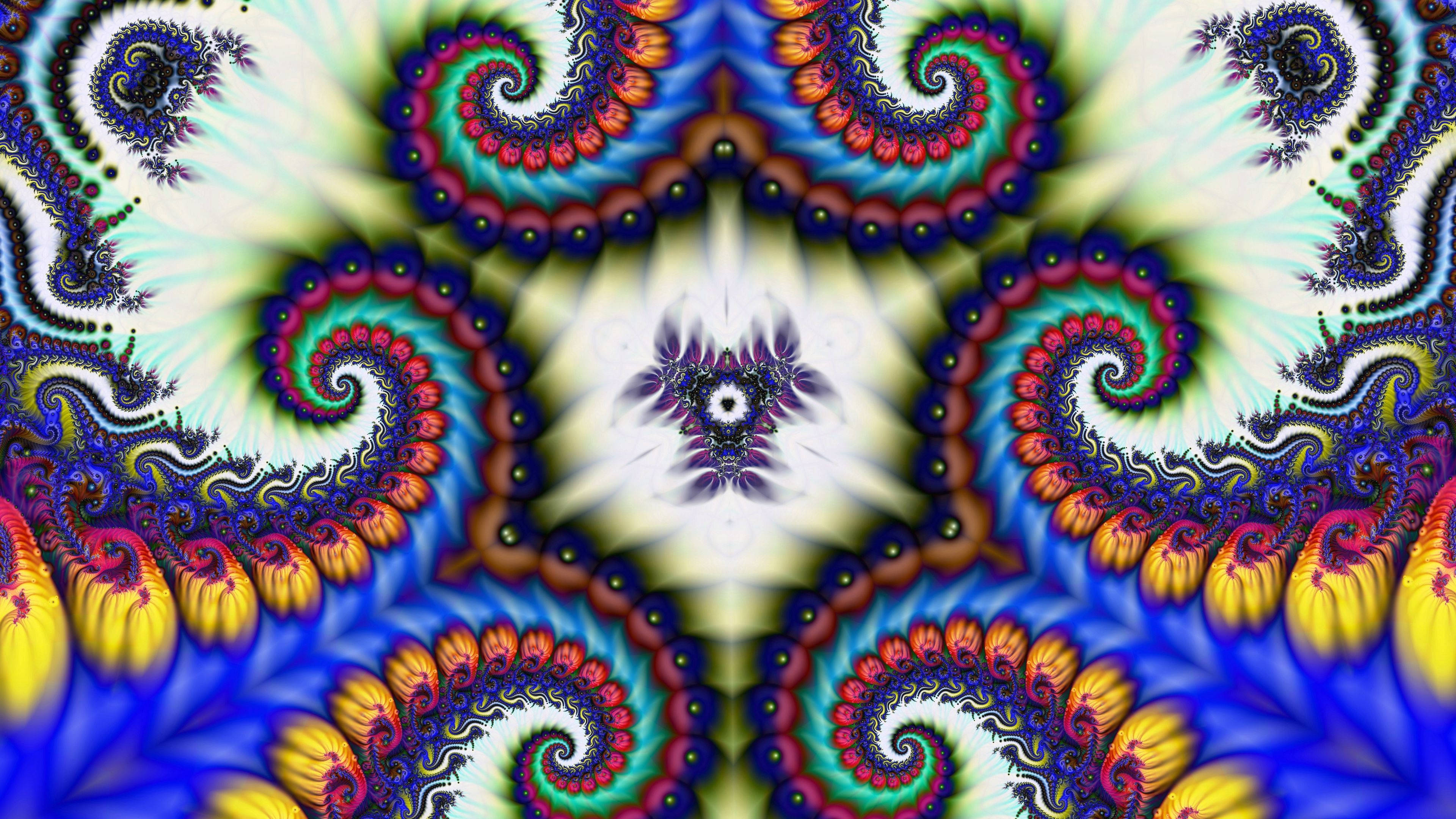 Trippy Phone 桌布 壁紙 — 充滿活力的碎形螺旋向外輻射，形成電光藍、粉紅和黃色的萬花筒般爆發，背景是發光的白色中心。
