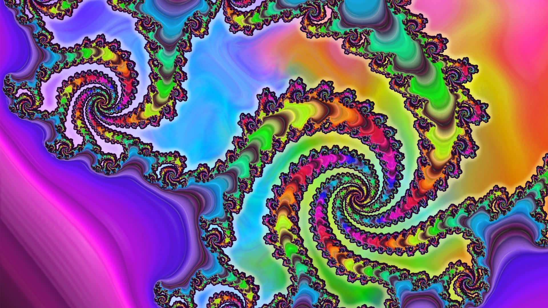 Psychedelic Fractals 桌布 壁紙 — 充滿活力的碎形螺旋在漸變背景上扭曲成迷幻的彩虹色調。