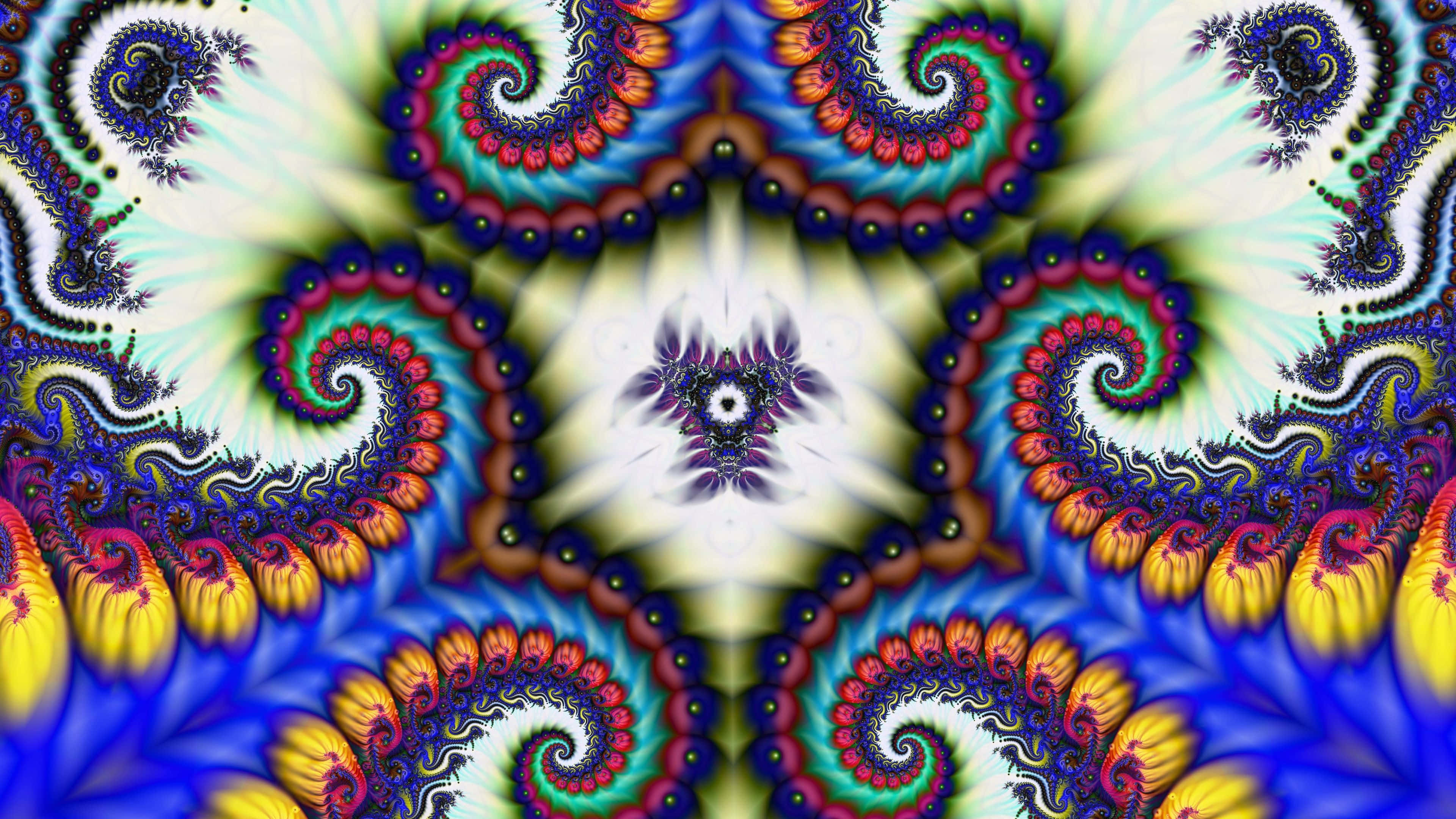 Trippy Fractals 桌布 壁紙 — 充滿活力的碎形螺旋在發光的白色中心背景下，以電光藍、粉紅和黃色的萬花筒般爆發向外輻射。