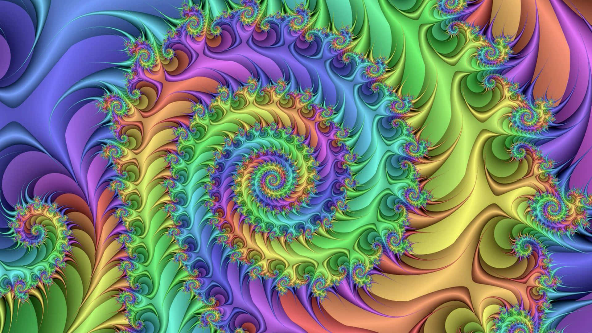 Trippy 3d Art 桌布 壁紙 — 充滿活力的碎形螺旋在霓虹色彩的彩虹漸變中旋轉，創造出迷人的數位藝術作品。