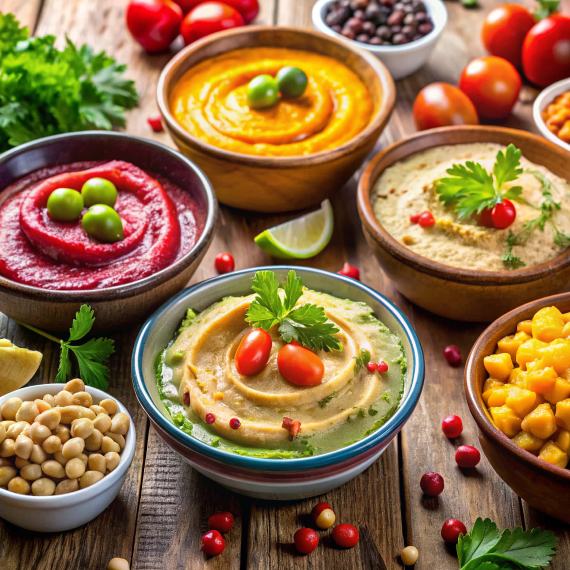 Colorful and tasty hummus 壁紙 — 充滿活力的碗裝彩色鷹嘴豆泥和豆醬，飾以橄欖、番茄和香草，置於鄉村風木桌上。