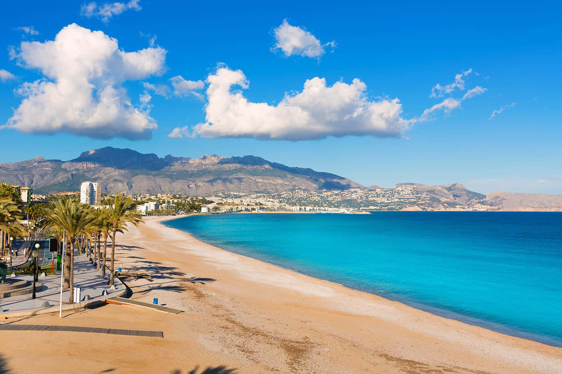 Spanish Beach 桌布 壁紙 — 充滿活力的碧綠海水在明亮的藍天下與金色的沙灘相遇，伴隨著蓬鬆的白雲和遠山。