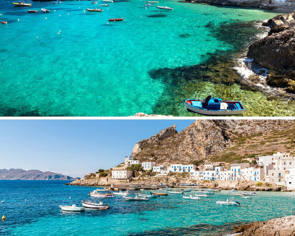 Italian Island 桌布 壁紙 — 充滿活力的碧綠海水環抱著粉刷成白色的沿海村莊和停泊的船隻，在清澈的藍天下。