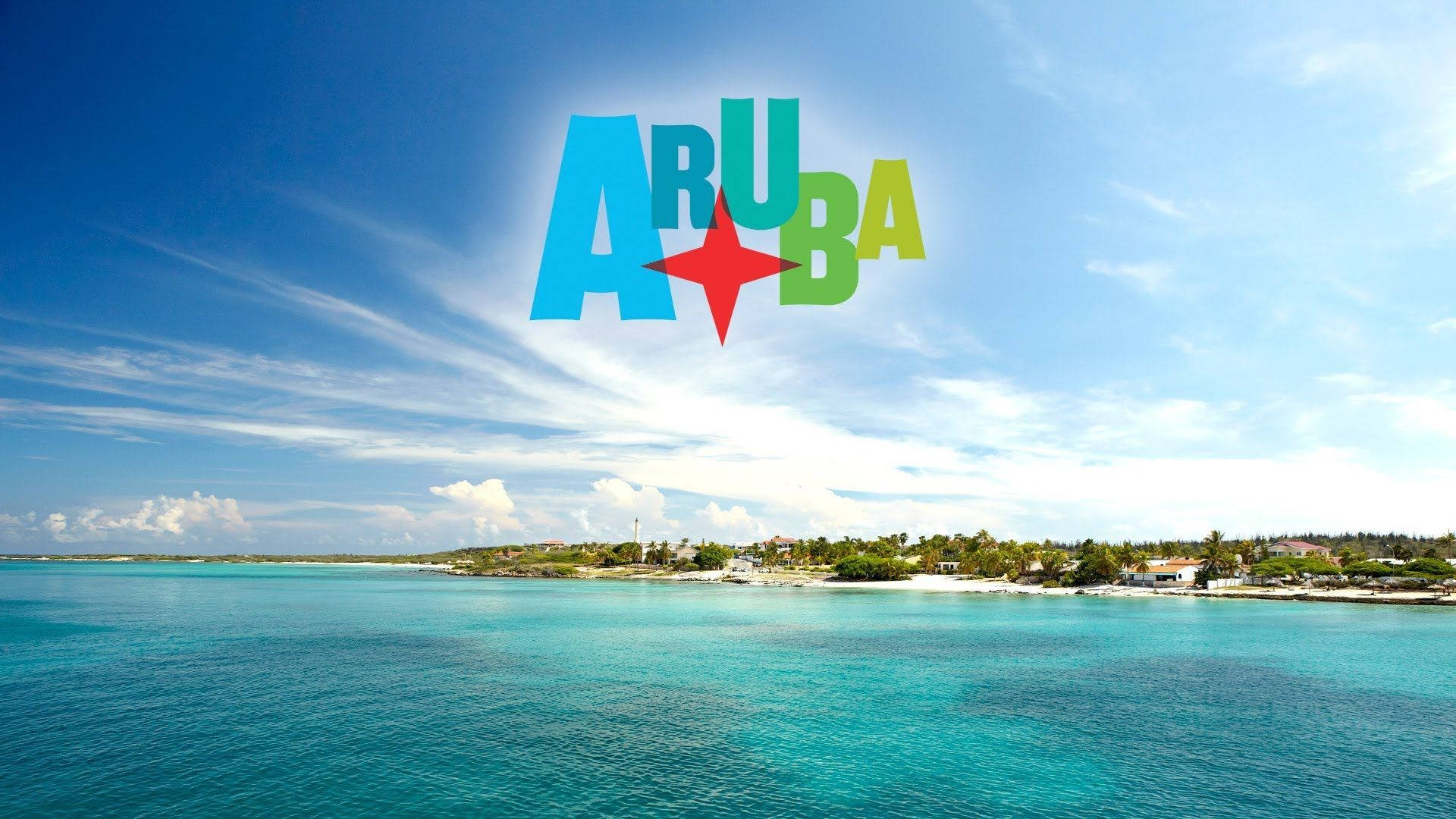 Aruba 桌布 壁紙 — 充滿活力的碧綠海水與白色沙灘相接，上方是明亮的藍天，點綴著縷縷雲彩和色彩繽紛的阿魯巴標誌。