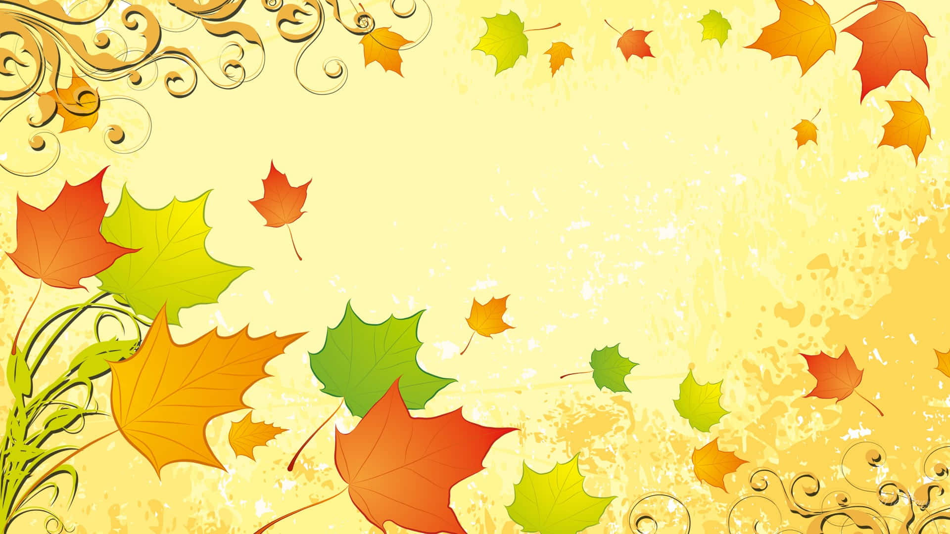 Simple Fall 桌布 壁紙 — 充滿活力的秋天楓葉，以橙色、綠色和紅色框住帶有漩渦裝飾圖案的紋理黃色背景。