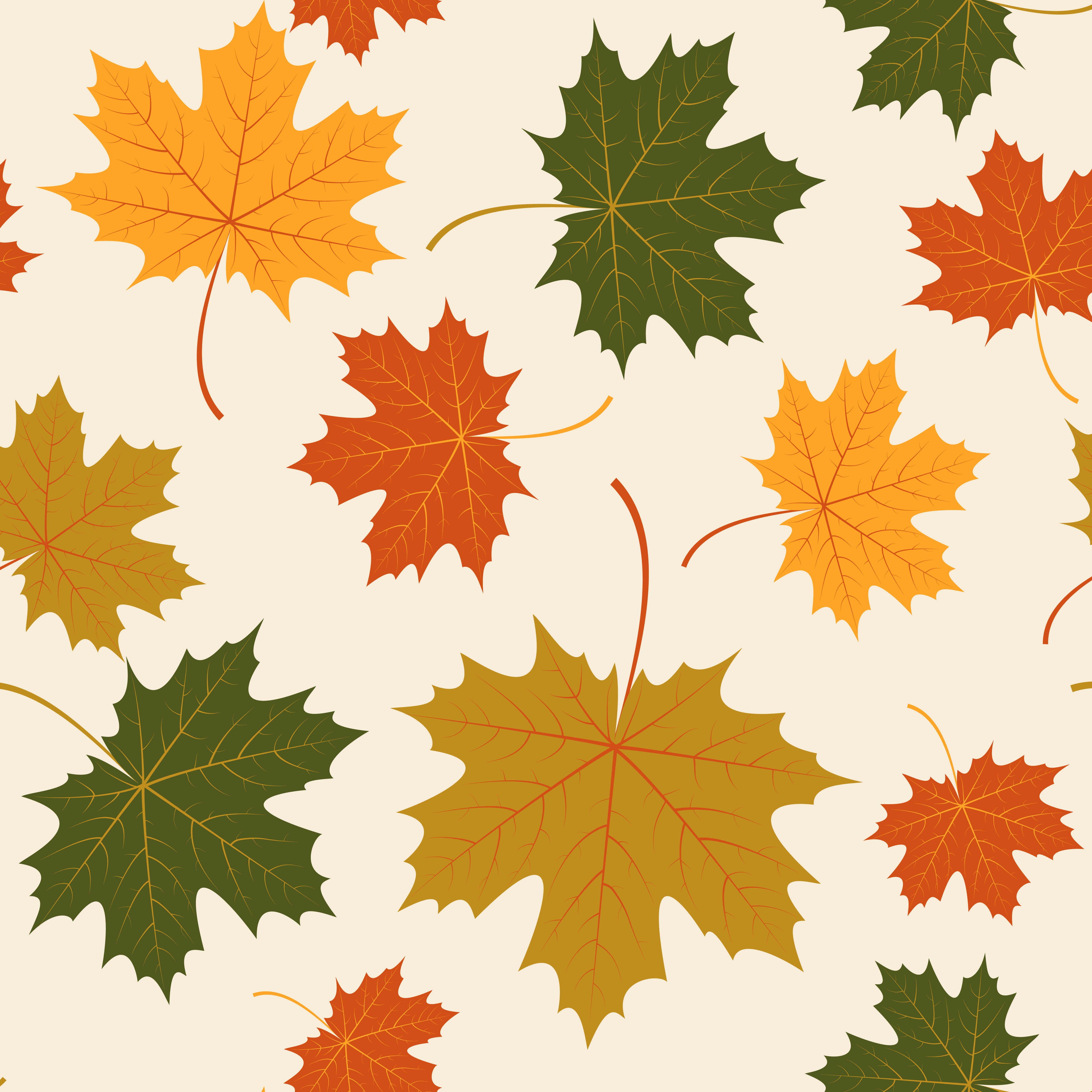 Simple Fall 桌布 壁紙 — 充滿活力的秋天楓葉，橙色、綠色和黃色，漂浮在奶油色的米白色背景上。