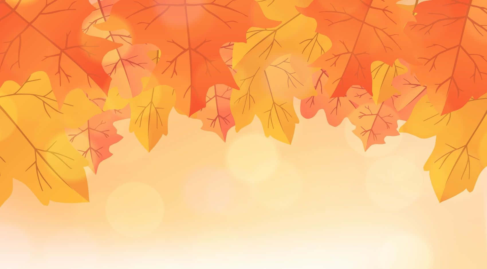 Fall Leaf 桌布 壁紙 — 充滿活力的秋天楓葉以橙色和黃色在頂部層疊，下方有柔和發光的散景。