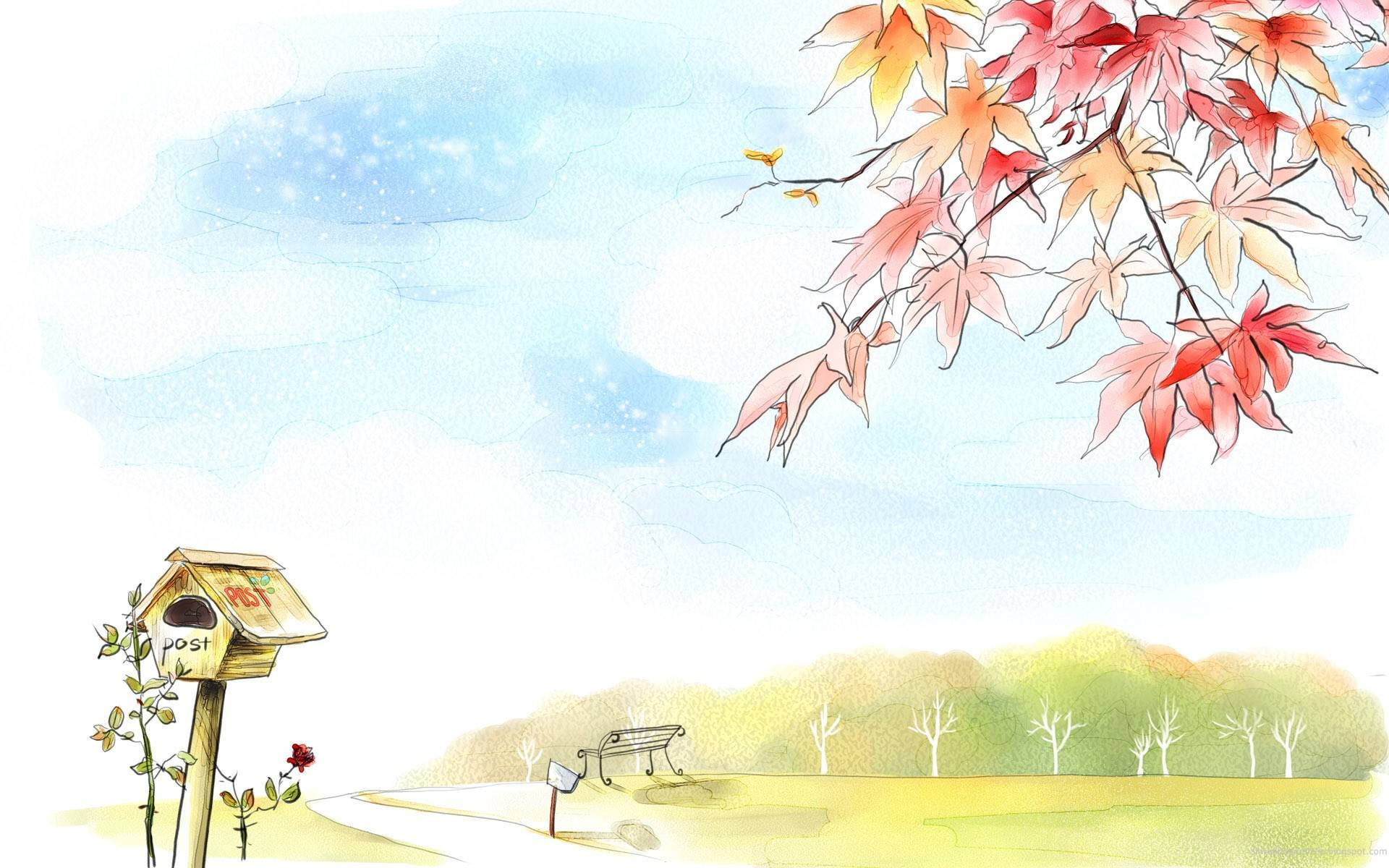 Watercolor 桌布 壁紙 — 充滿活力的秋天楓葉在寧靜的公園場景中層疊，場景中有木製郵局和長椅，在柔和的藍天下。