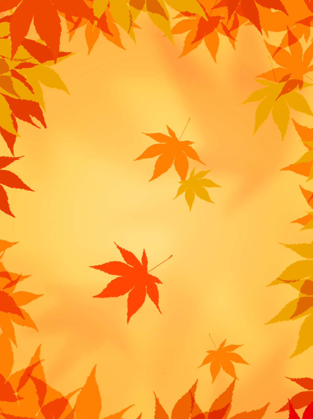 Simple Fall 桌布 壁紙 — 充滿活力的秋天楓葉框住溫暖的金色背景，帶有漂浮的樹葉，呈現豐富的橙色和黃色色調。