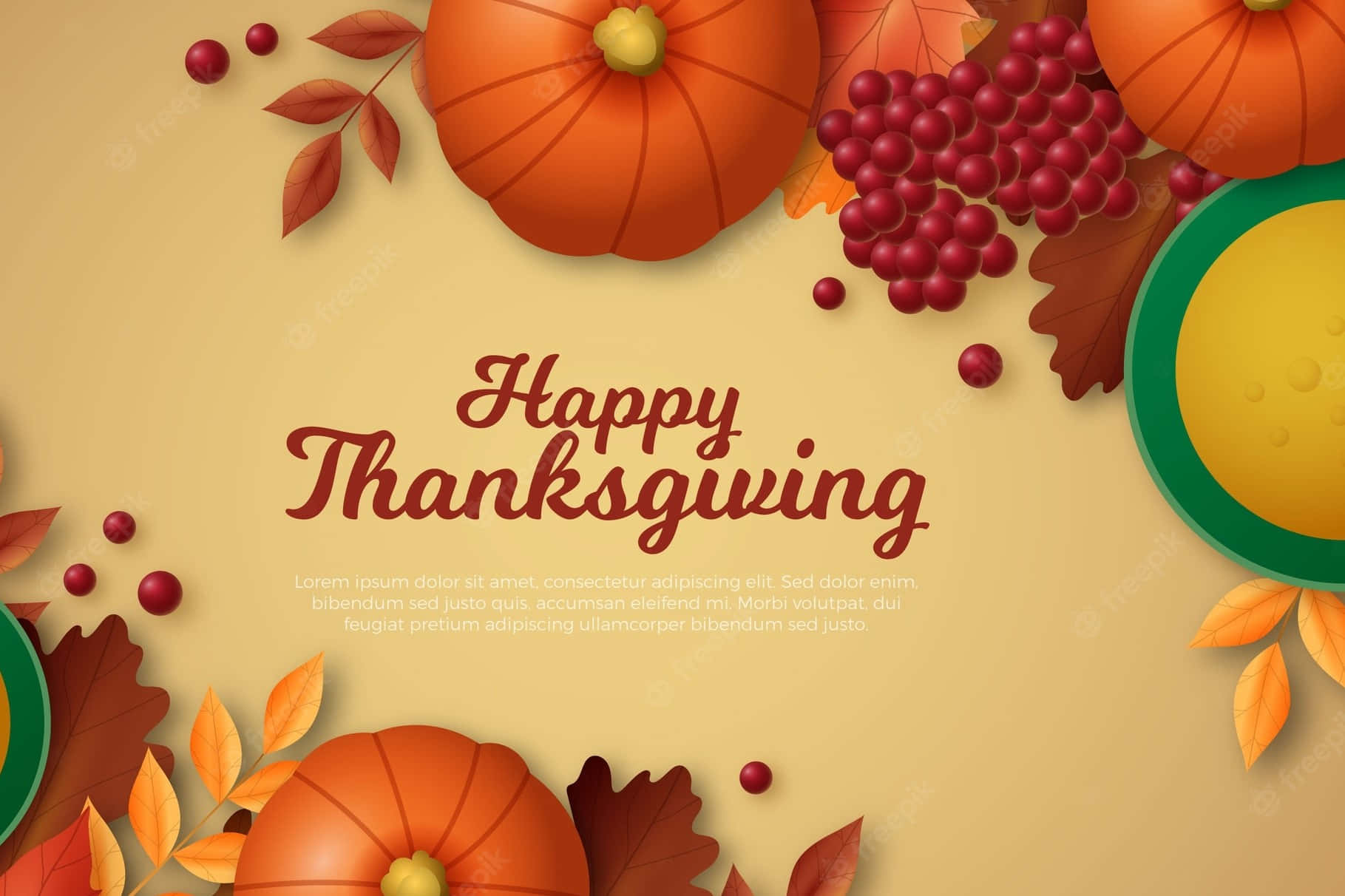 Beautiful Thanksgiving 桌布 壁紙 — 充滿活力的秋季主題感恩節桌布，以南瓜、葡萄和樹葉圍繞著節日訊息，背景為溫暖的米色。