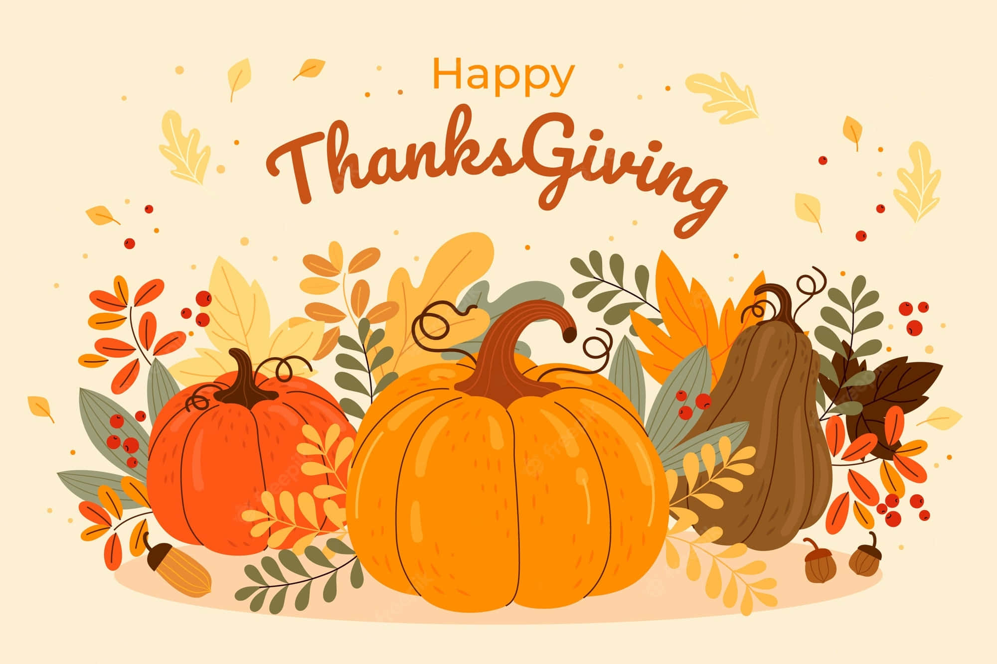 Fall Thanksgiving 桌布 壁紙 — 充滿活力的秋季南瓜和樹葉環繞著節日「感恩節快樂」的問候，呈現溫暖的秋色。