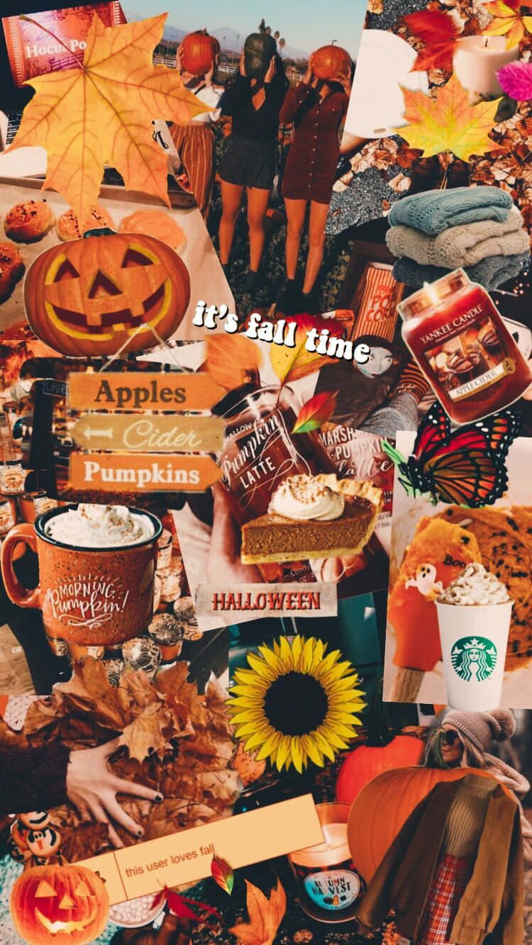 Fall Halloween iPhone 桌布 壁紙 — 充滿活力的秋季拼貼畫， featuring 南瓜、楓葉、南瓜香料拿鐵和萬聖節裝飾。