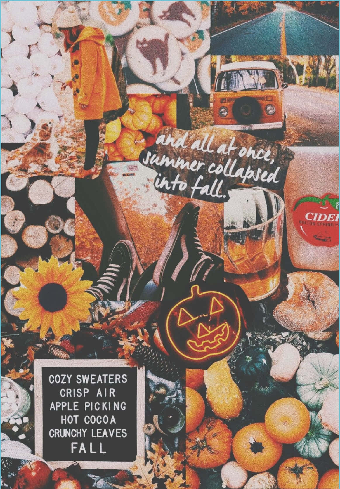 Autumn Collage 桌布 壁紙 — 充滿活力的秋季拼貼畫， featuring 南瓜、向日葵、復古貨車和舒適的秋季主題物品。