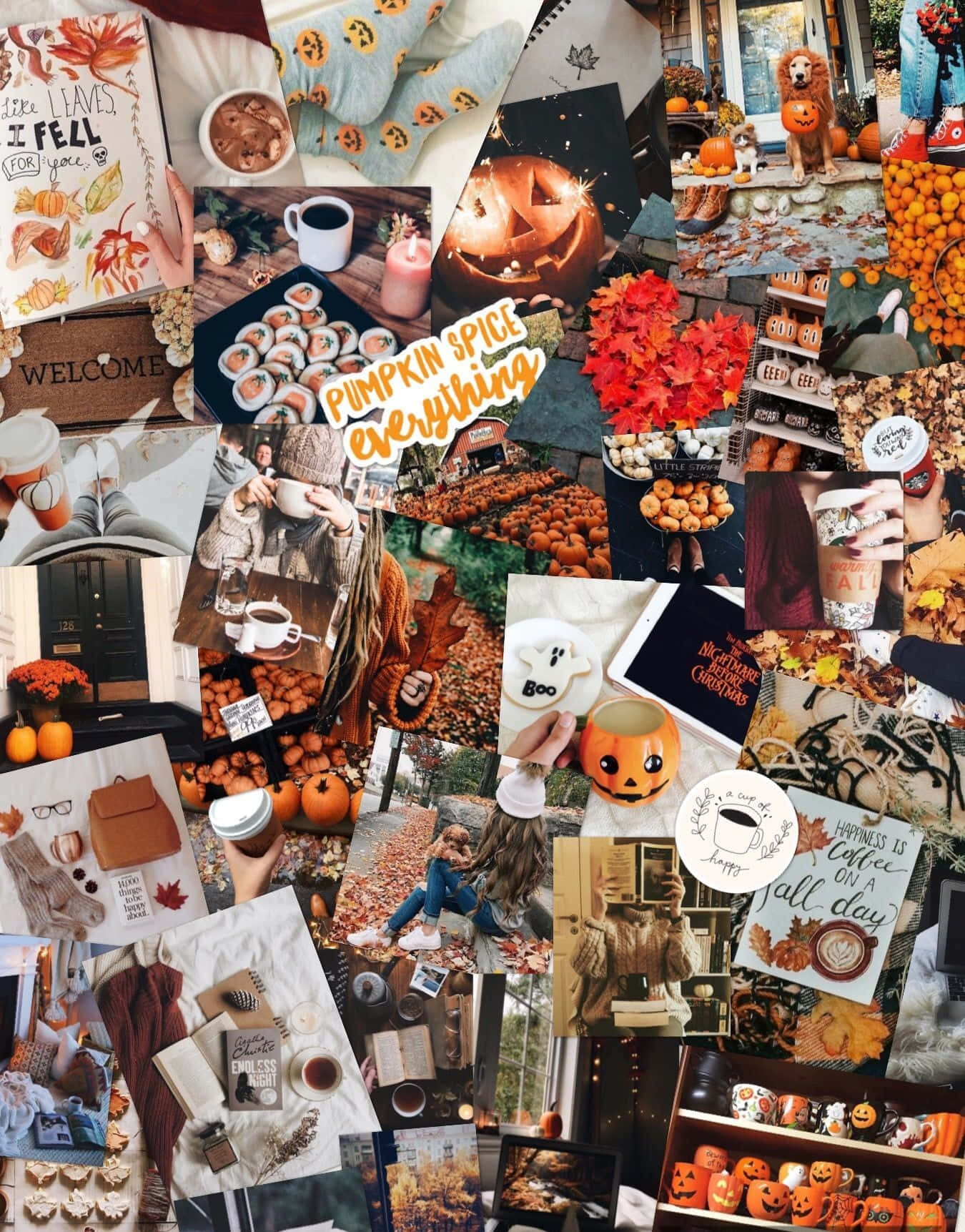 Pumpkin 桌布 壁紙 — 充滿活力的秋季拼貼畫，以南瓜、舒適飲品和秋葉為特色，採用溫暖的橙色和紅色色調。