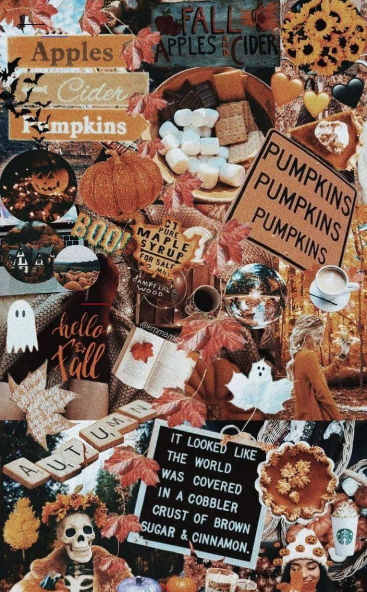 Fall Collage 桌布 壁紙 — 充滿活力的秋季拼貼畫，包含南瓜、蘋果、蘋果酒、幽靈裝飾和舒適的秋季主題文字元素。