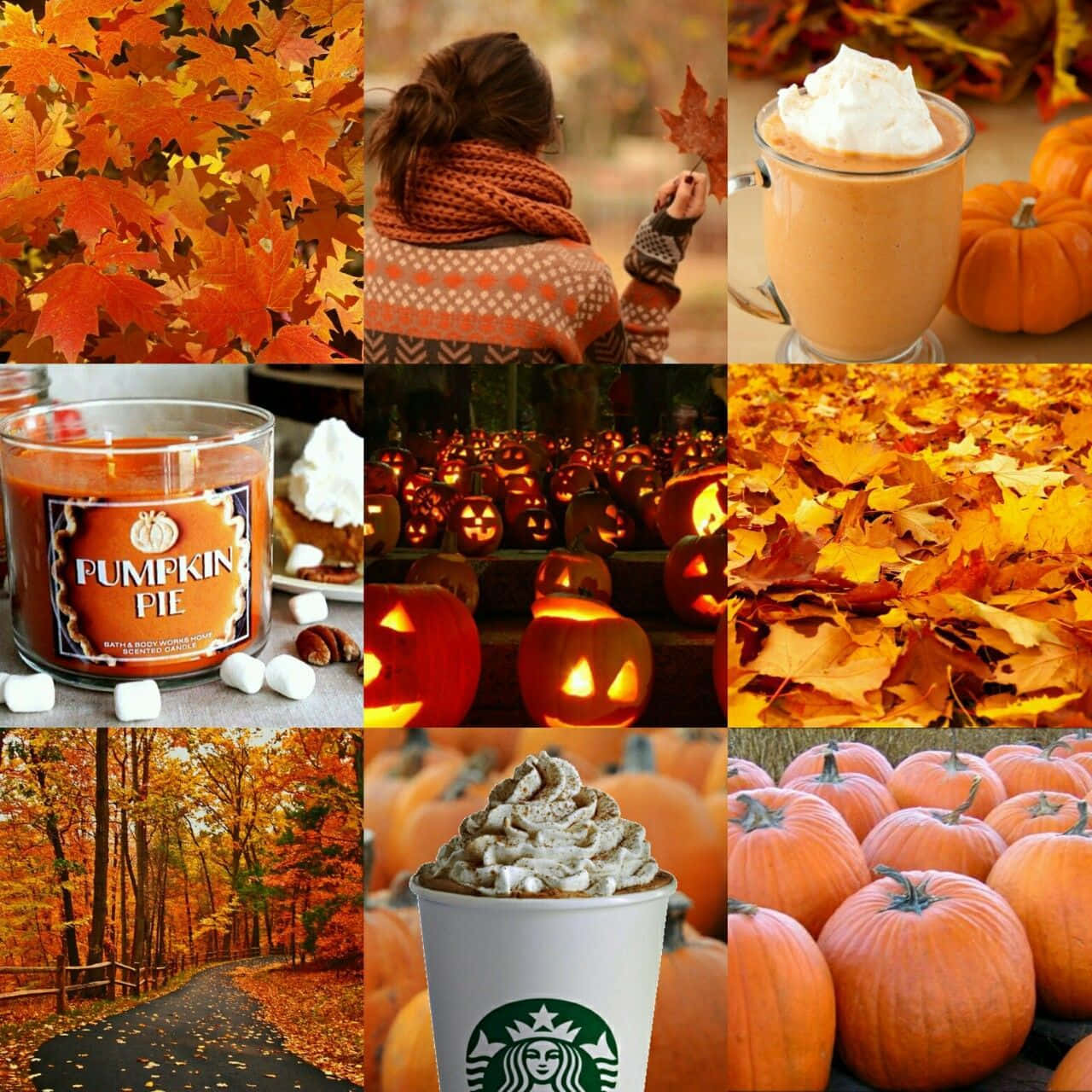 Fall Collage 桌布 壁紙 — 充滿活力的秋季拼貼畫，包含南瓜、楓葉、傑克南瓜燈以及南瓜香料拿鐵和蠟燭等舒適的秋季美食。