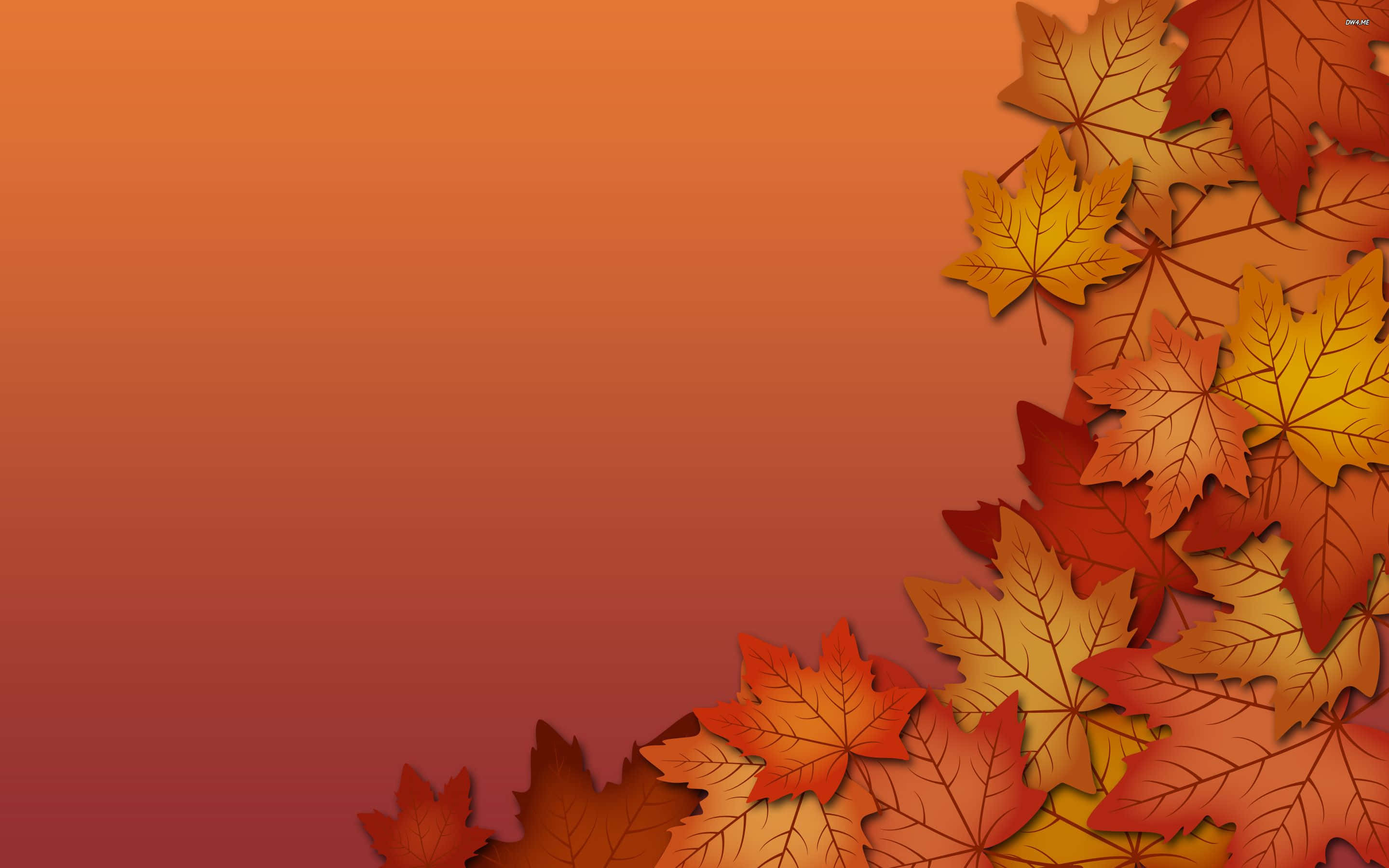 Simple Fall 桌布 壁紙 — 充滿活力的秋季楓葉，呈現橙色、紅色和金色色調，沿右下角聚集，背景為溫暖的漸變色。