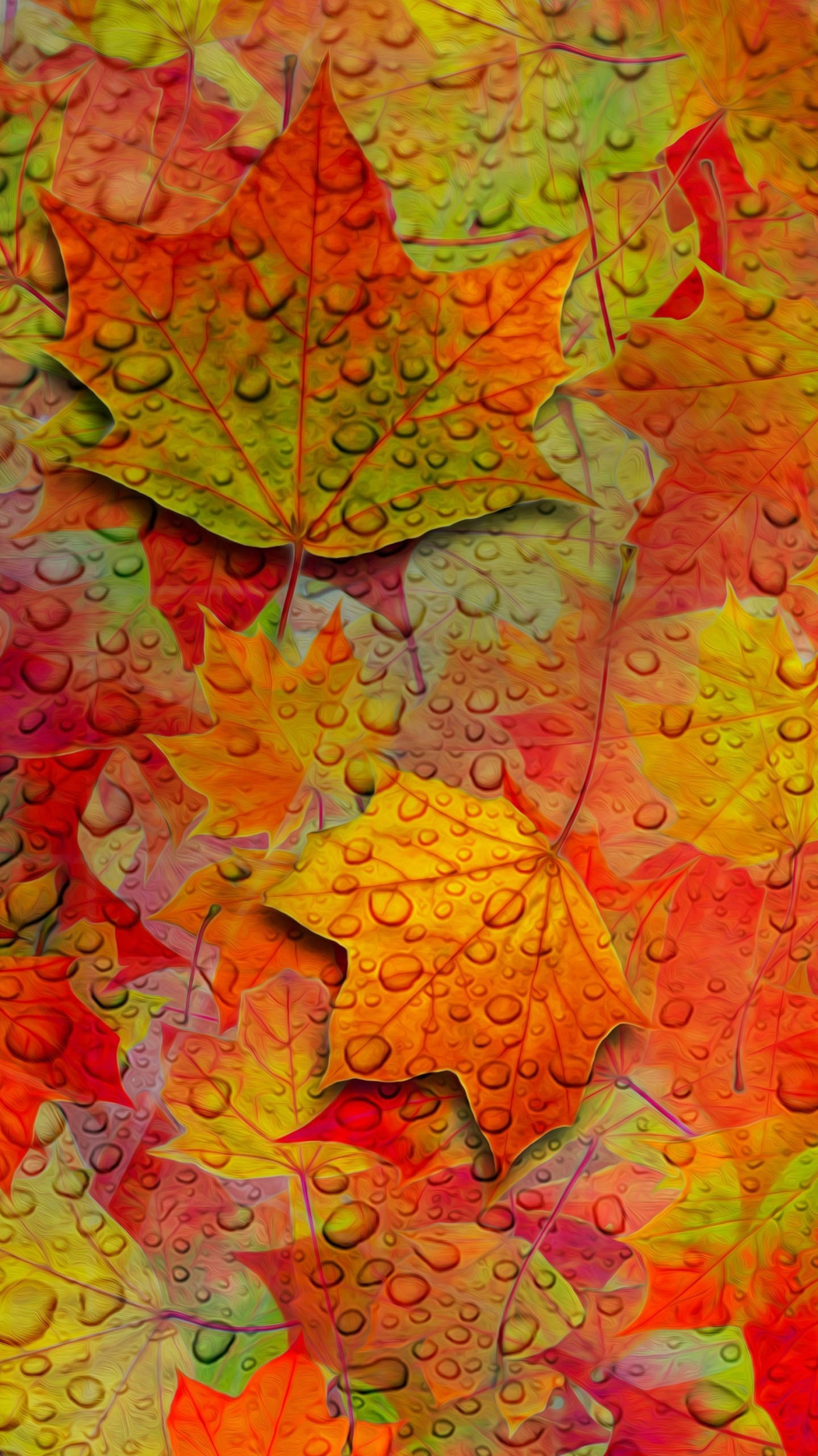 Leaves 桌布 壁紙 — 充滿活力的秋季楓葉，呈現火紅、橙色和黃色，閃爍著露珠，營造出豐富的紋理掛毯。