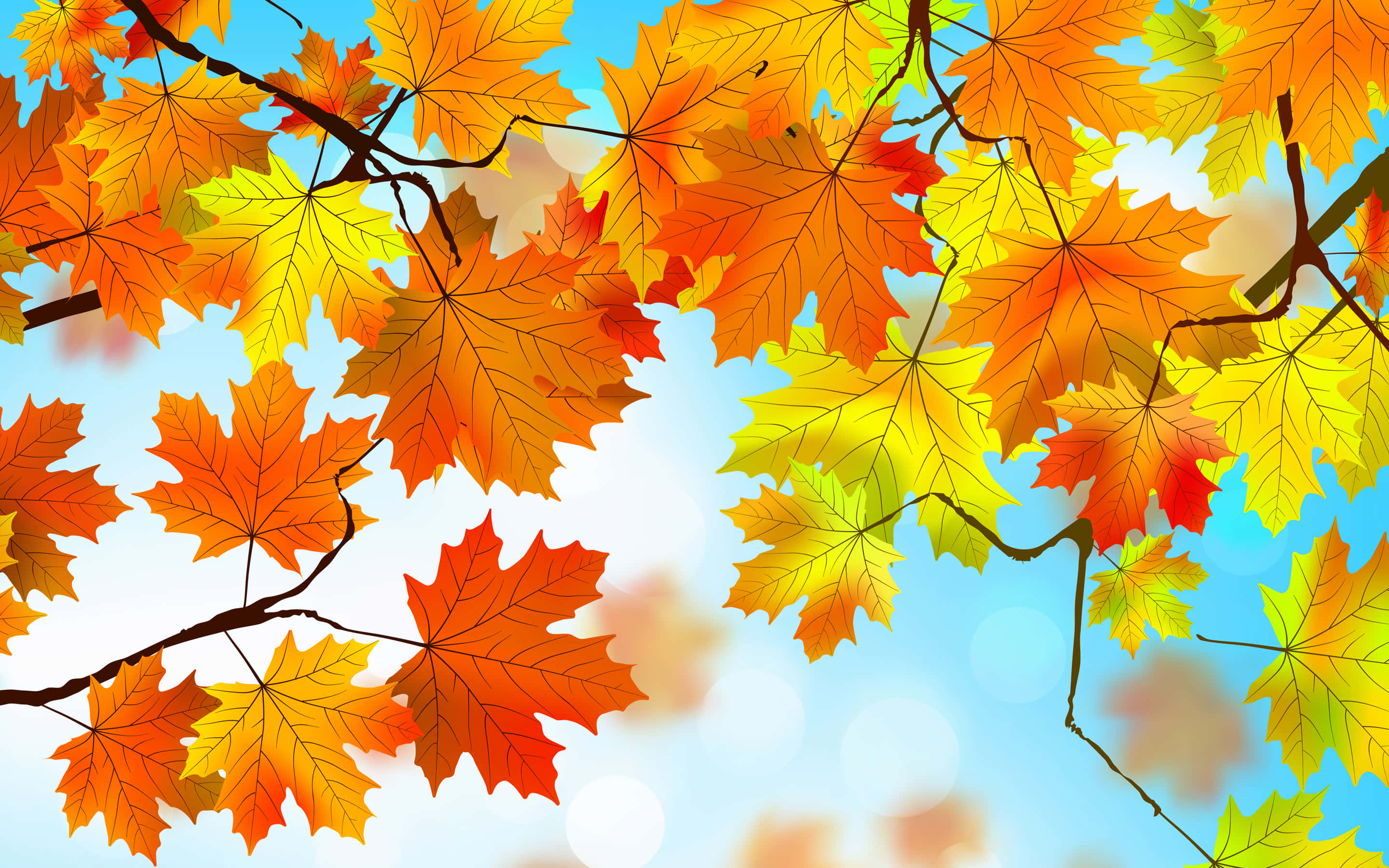 Autumn Foliage 桌布 壁紙 — 充滿活力的秋季楓葉以火熱的橙色、黃色和紅色色調，在明亮的藍天和柔和的散景襯托下垂掛著。