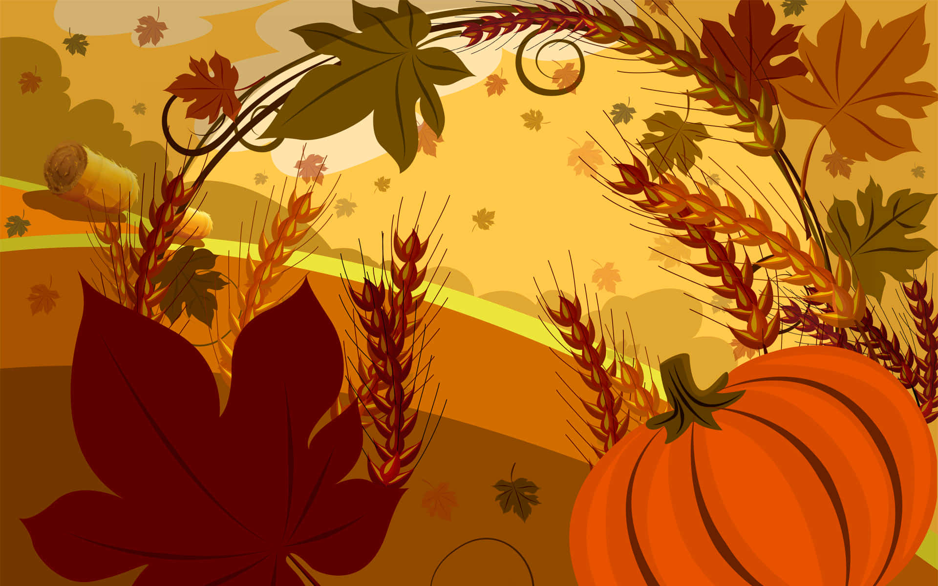 Beautiful Thanksgiving 桌布 壁紙 — 充滿活力的秋季豐收場景，南瓜、小麥和楓葉環繞著金色的山坡。
