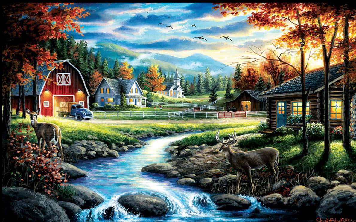 Beautiful Art 桌布 壁紙 — 充滿活力的秋季鄉村景色，有鹿在湍急的小溪旁，色彩繽紛的樹木和舒適的農舍，在戲劇性的日落天空下。