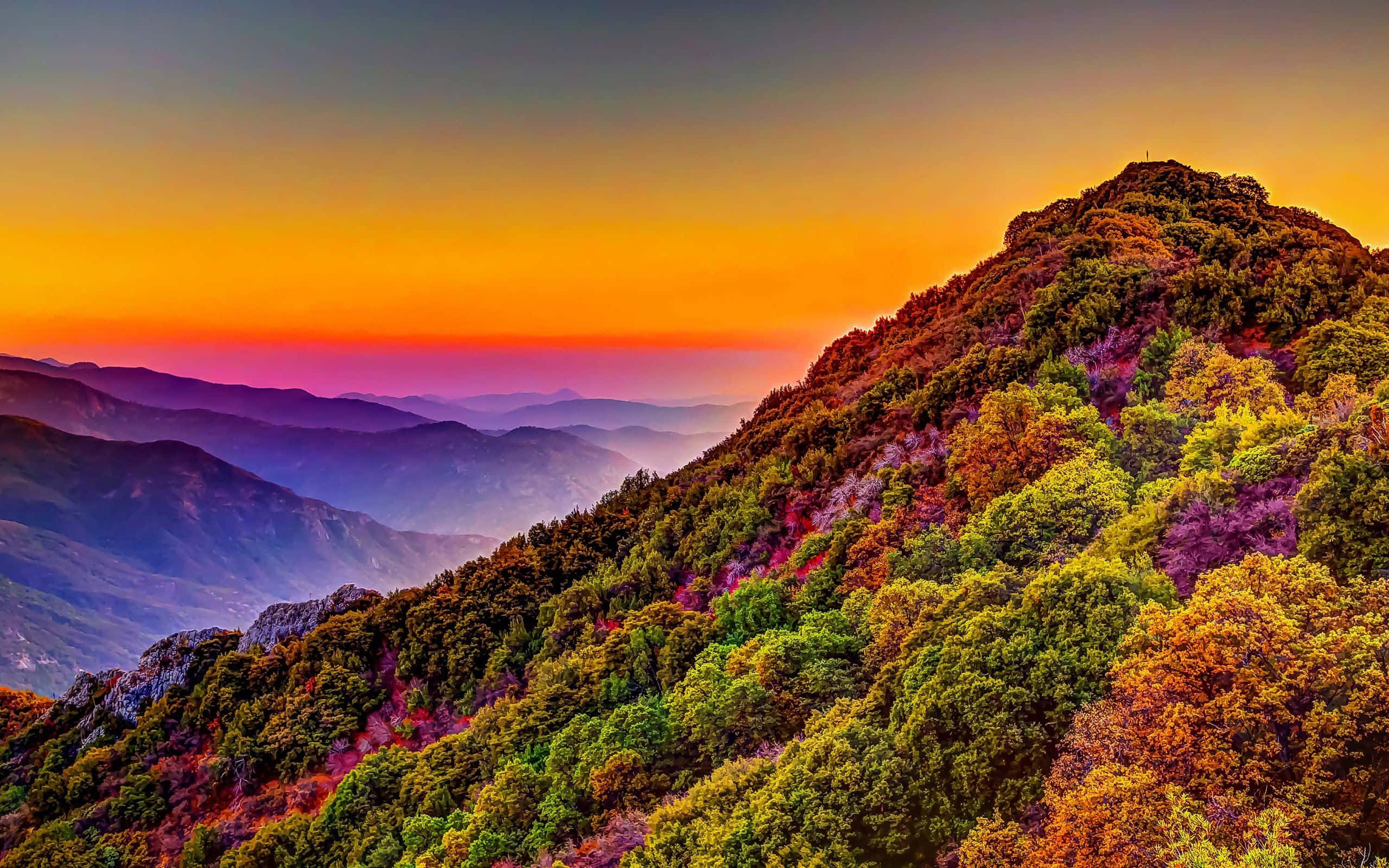 Nature Landscape 桌布 壁紙 — 充滿活力的秋山在火紅的日落天空下閃耀，層層疊疊的山峰逐漸消失在霧中。