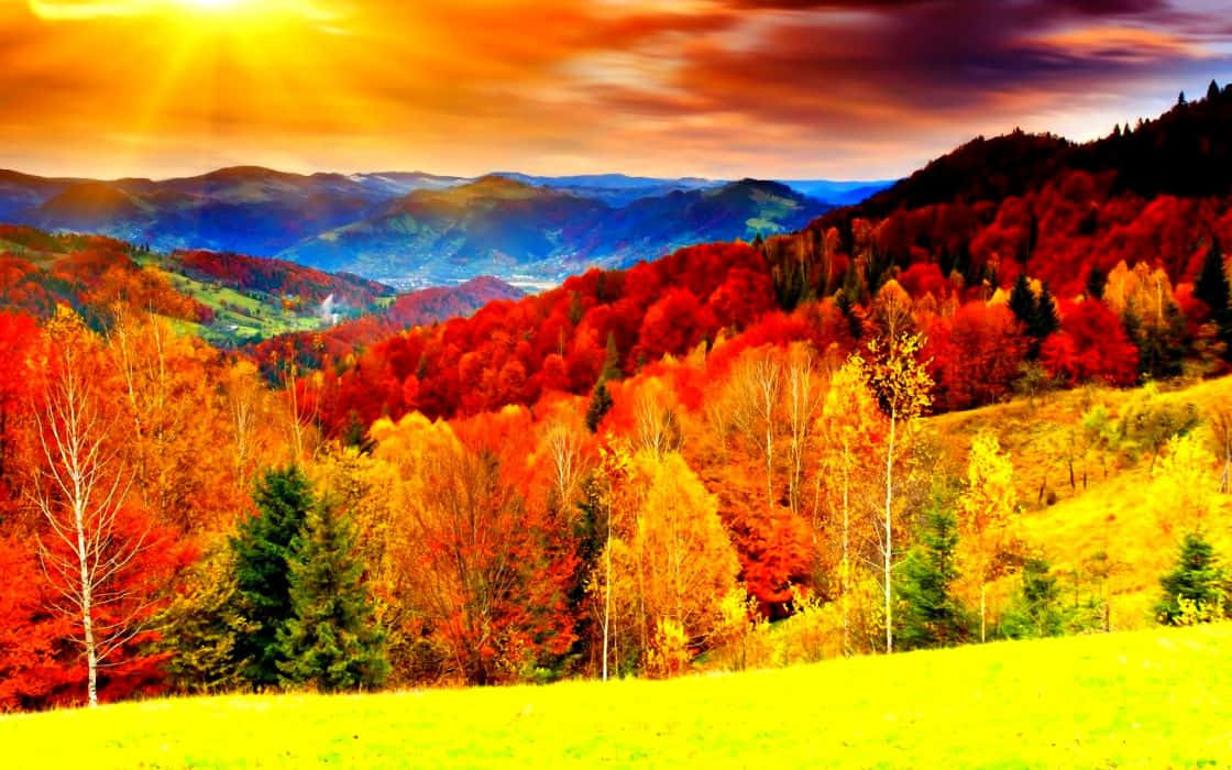 Nature Fall 桌布 壁紙 — 充滿活力的秋山在熾熱的日落和層疊的山丘與色彩繽紛的樹葉下閃耀。