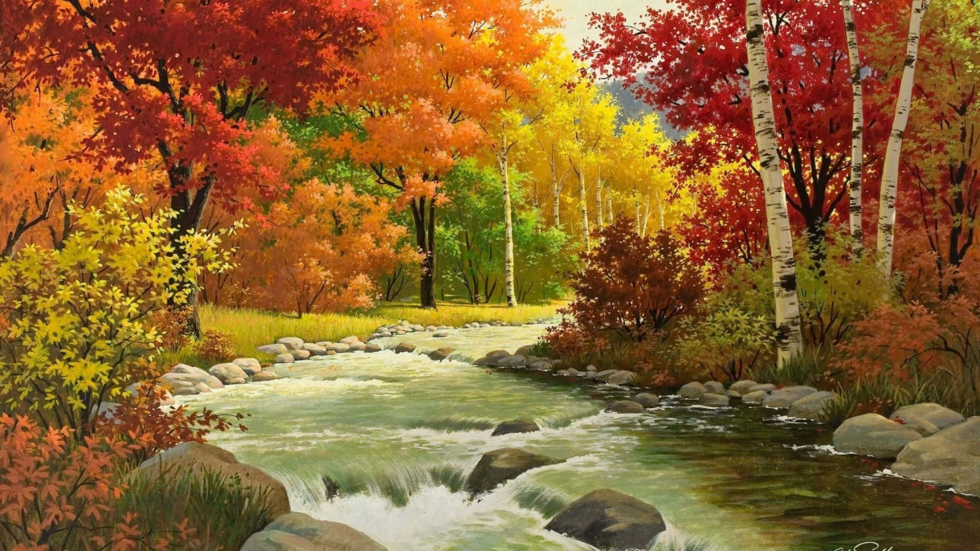 Best Autumn 桌布 壁紙 — 充滿活力的秋日森林，清澈的溪流在岩石上流淌，周圍環繞著火紅、橙色和金黃色葉子的樹木。