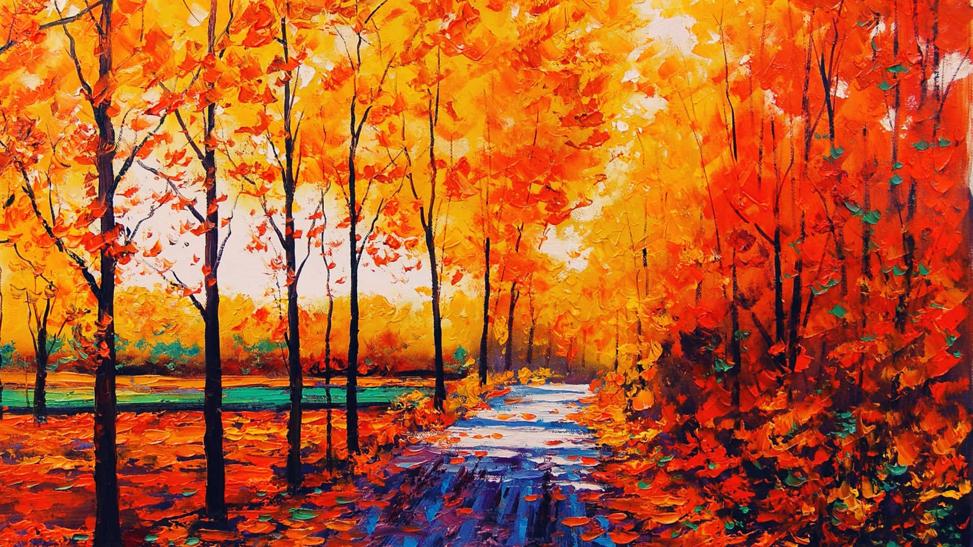 Oil Painting 桌布 壁紙 — 充滿活力的秋日森林，火紅的橙色樹木框住一條蜿蜒的藍色小徑，上方是柔和的白雲天空。