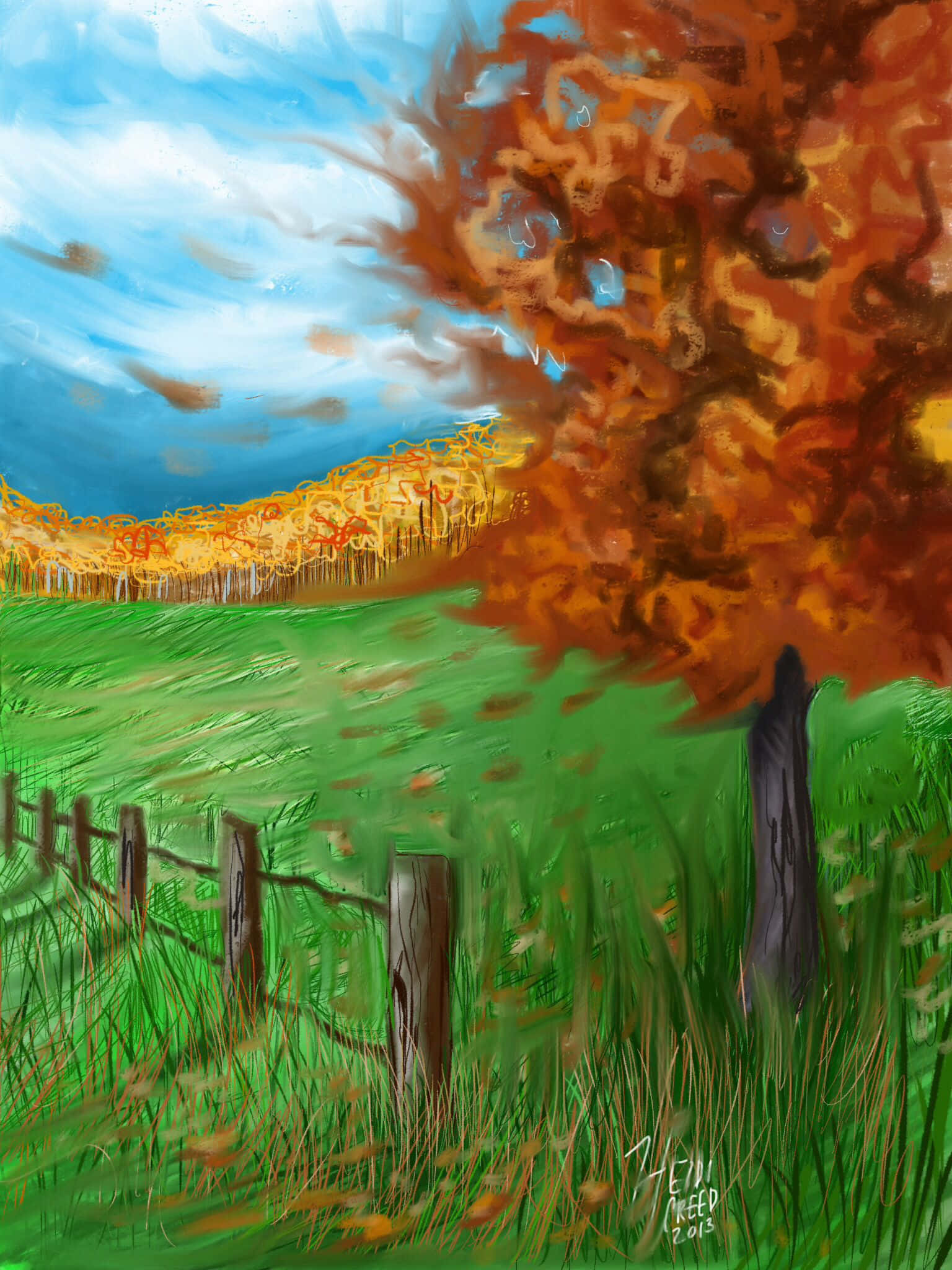 Foreground Middleground 桌布 壁紙 — 充滿活力的秋日風景，一棵火紅的橙樹在藍天白雲下主導著一片綠色的田野。
