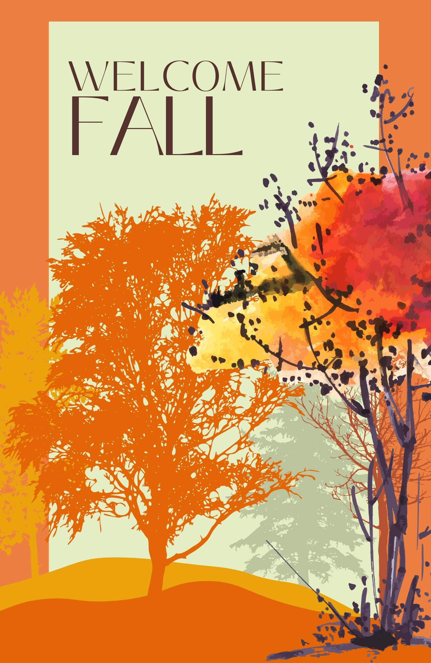Best Fall 桌布 壁紙 — 充滿活力的秋樹，以橙色、紅色和黃色色調，在柔和的綠色天空背景下框住「WELCOME FALL」文字。