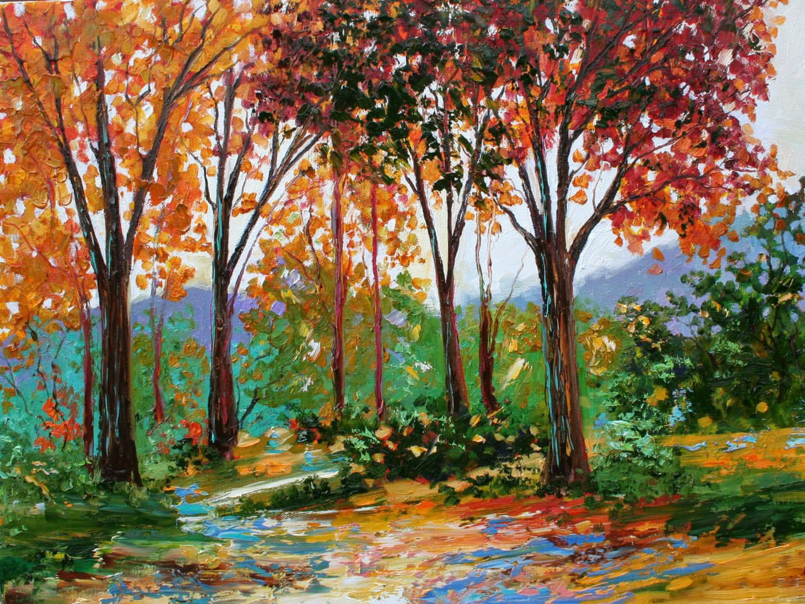 Painting 桌布 壁紙 — 充滿活力的秋樹，火紅橙紅的樹葉，在柔和天空下，框出一條蜿蜒穿過色彩繽紛森林的小徑。