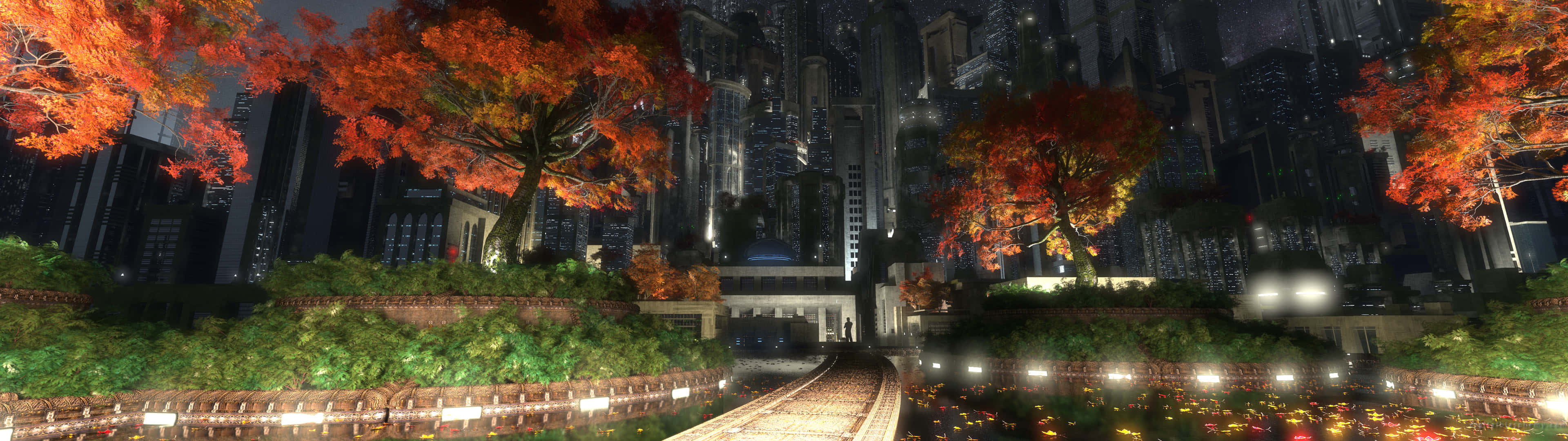 City Night 桌布 壁紙 — 充滿活力的秋樹，火紅的樹葉框住了閃爍的城市夜景，有燈火通明的摩天大樓和反射的水道。