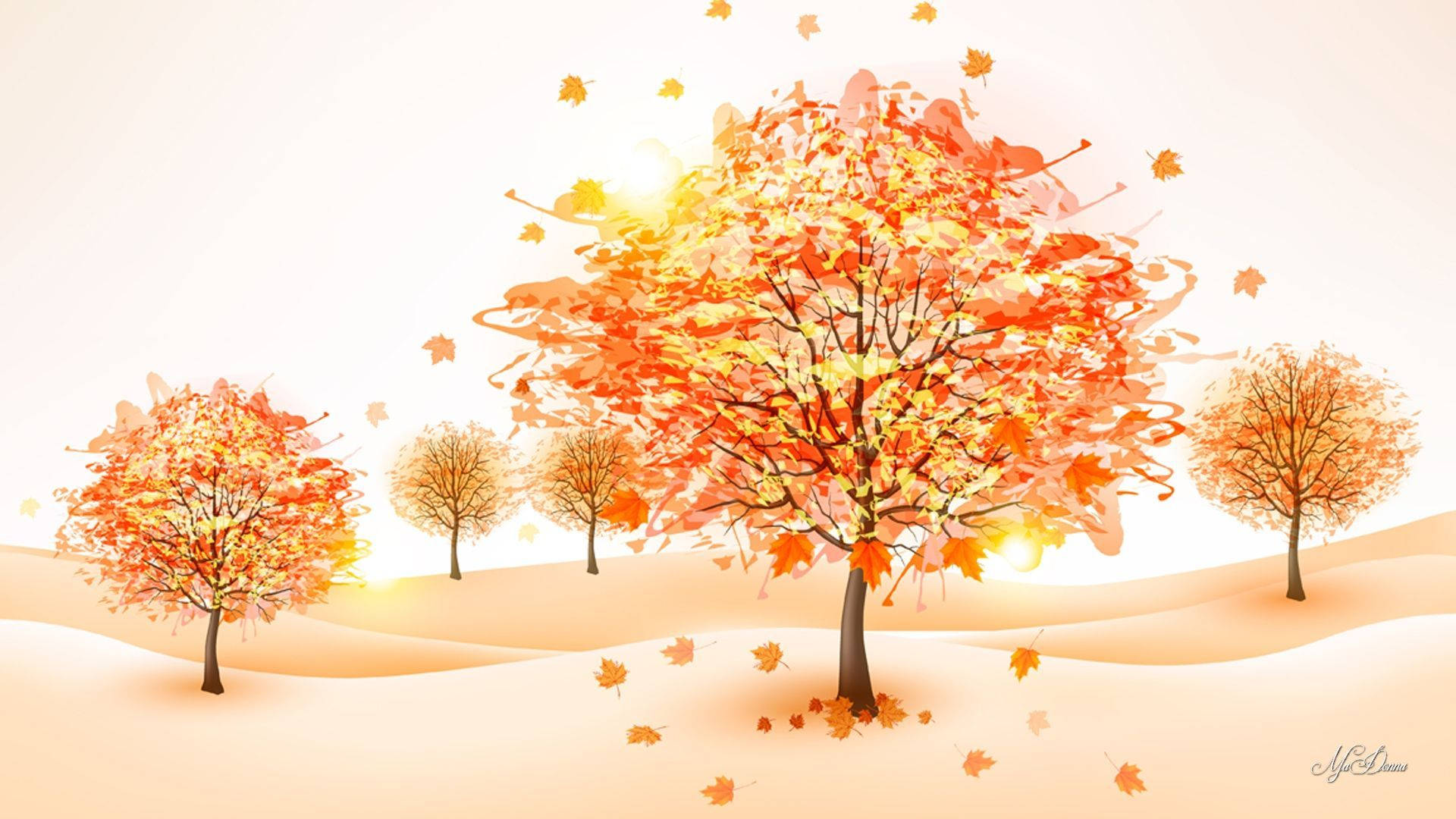 Cute October 桌布 壁紙 — 充滿活力的秋樹，火紅的橙色葉子散落在起伏的山丘上，天空柔和發光。