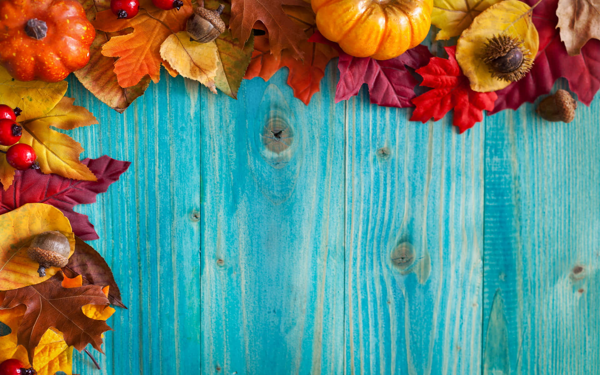 Fall Crafts 桌布 壁紙 — 充滿活力的秋葉、南瓜和漿果環繞著明亮的藍色木質表面，形成節日季節性邊框。